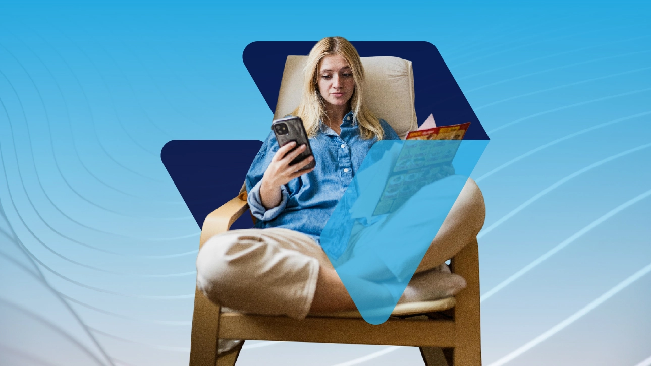 Young woman relaxing while browsing restaurant options on mobile — casual UX focus in web design for restaurant.