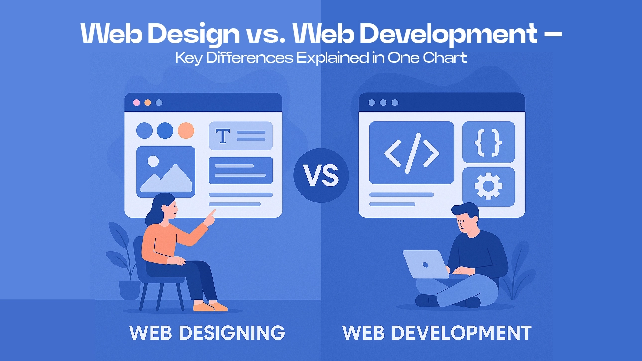 Illustration comparing web design and web development with icons and characters, answering what is web design visually.