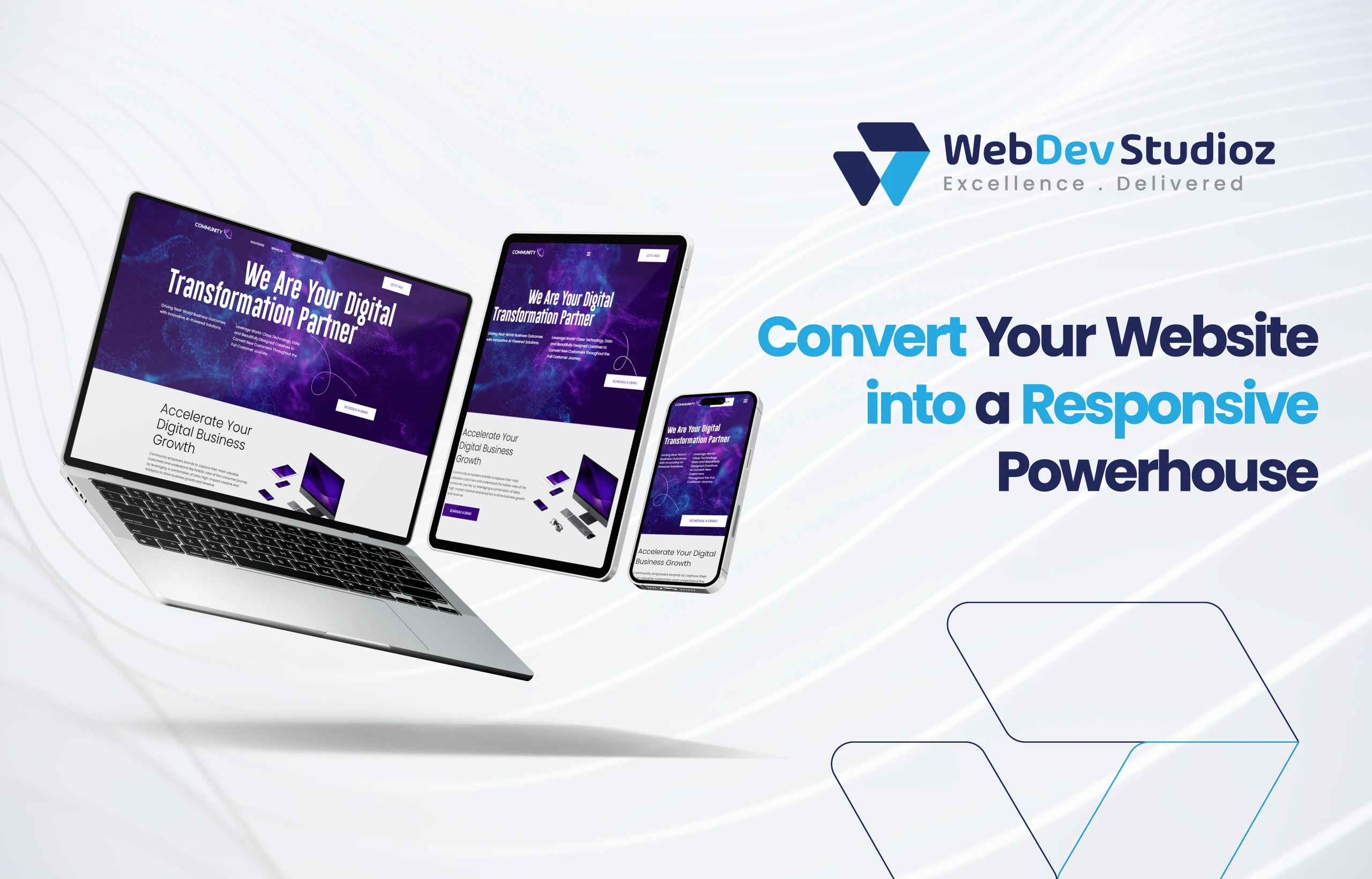 Laptop, tablet, and smartphone screens displaying the same website with the text “Convert Your Website into a Responsive Powerhouse” by WebDevStudioz.