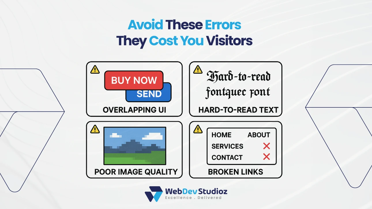 Common web design mistakes to avoid including overlapping UI, hard-to-read fonts, poor image quality, and broken links that drive visitors away.