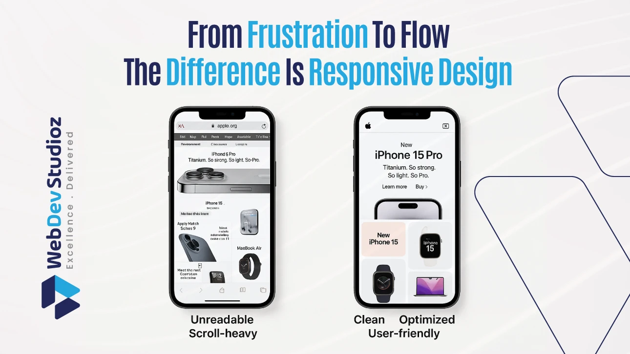 Side-by-side phones showing poor vs responsive website design. Left: unreadable and scroll-heavy. Right: clean, optimized, user-friendly. WebDev Studioz logo.