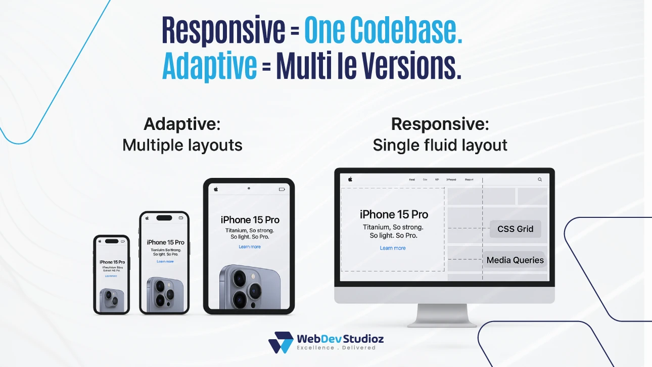 Comparison of adaptive vs responsive design. Adaptive uses multiple layouts for devices, while responsive uses one codebase with a single fluid layout. WebDev Studioz logo.