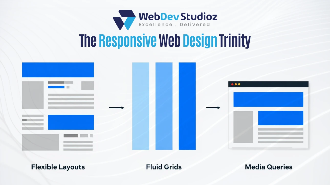 Illustration showing the three basic things required for responsive web design — flexible layouts, fluid grids, and media queries.