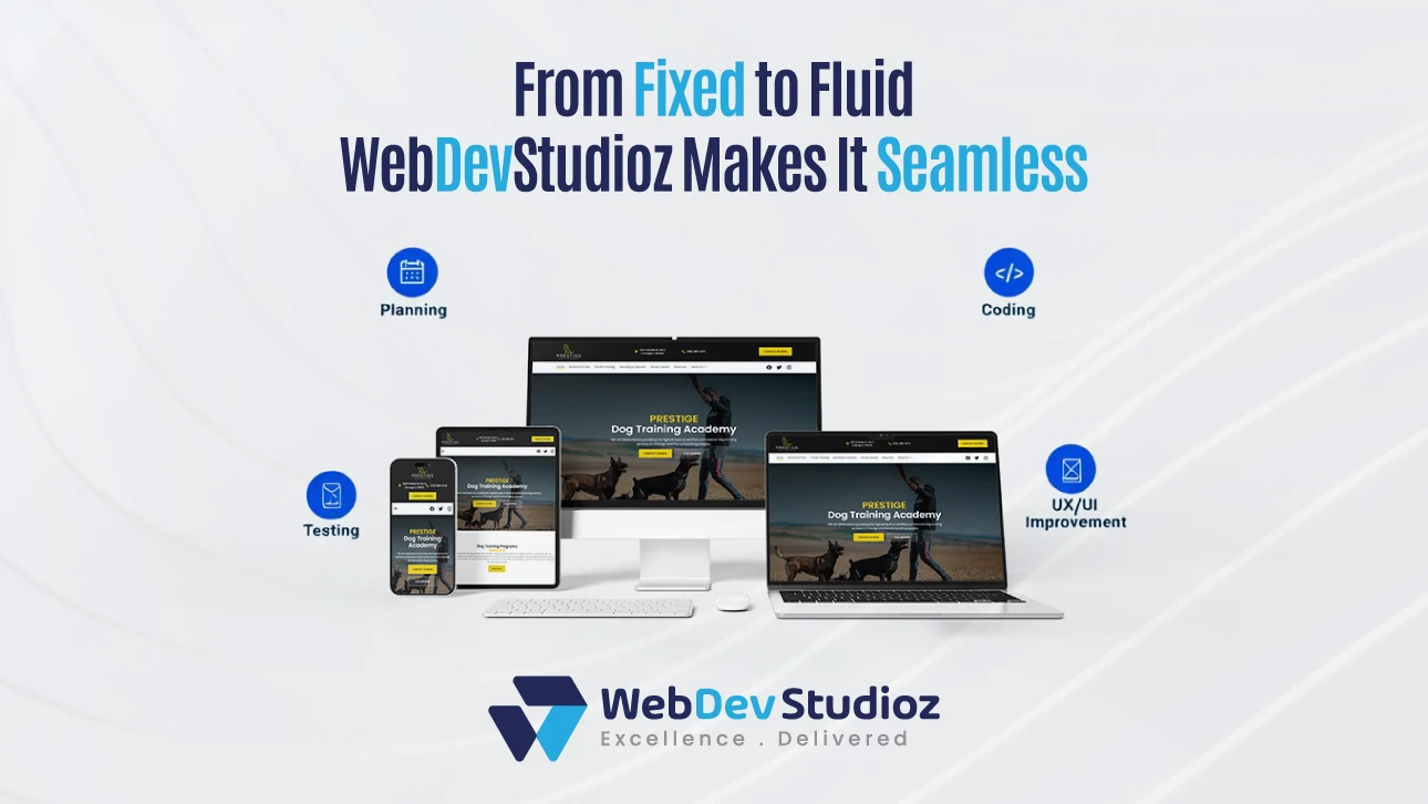 WebDevStudioz showcasing responsive web design from fixed to fluid layouts across devices, with steps including planning, coding, testing, and UX/UI improvement.