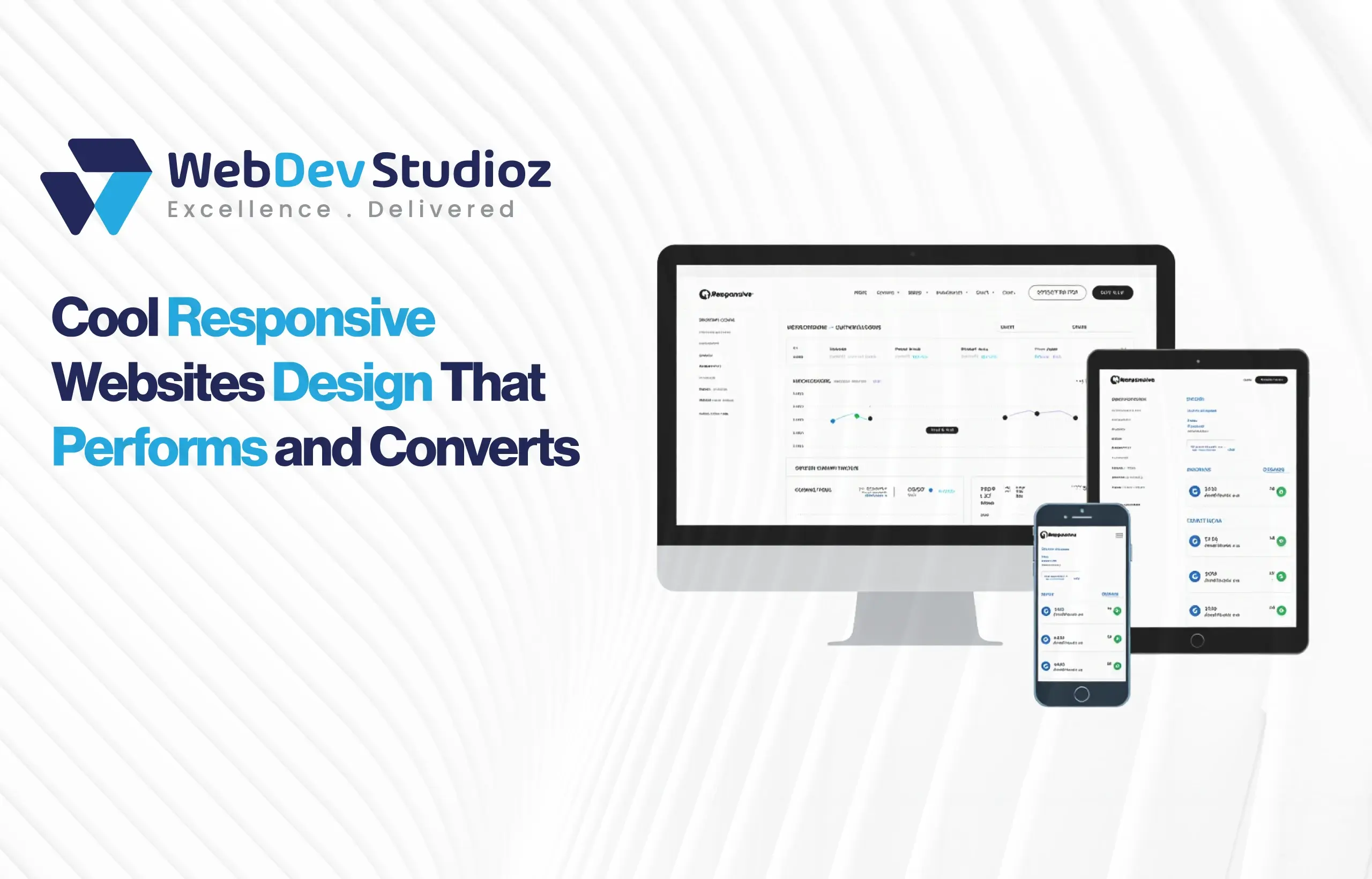 WebDev Studioz banner showing tagline "Cool Responsive Websites Design That Performs and Converts" with mockups of a website on desktop, tablet, and mobile screens.