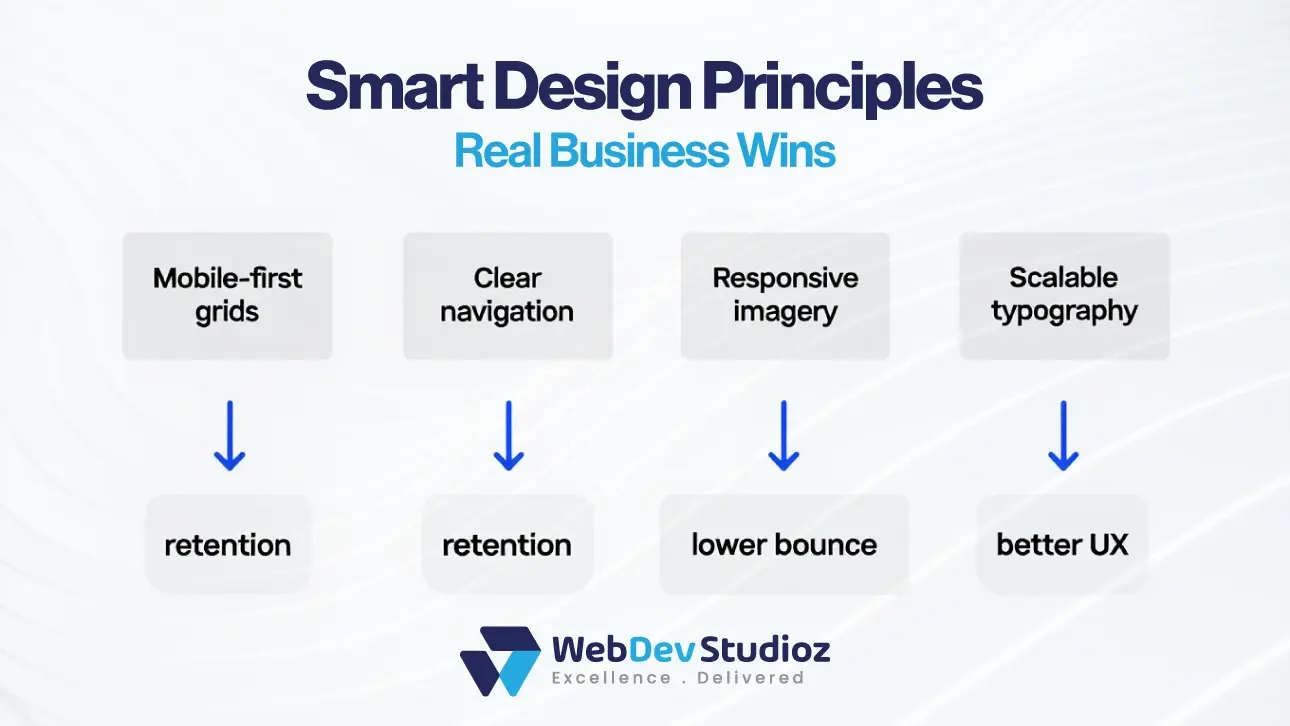 Smart design principles infographic by WebDev Studioz showing mobile-first grids, clear navigation, responsive imagery, and scalable typography leading to retention, lower bounce, and better UX.