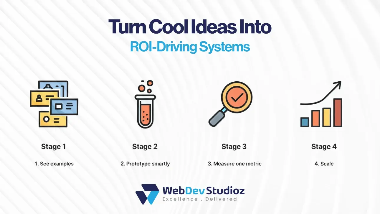 WebDev Studioz infographic titled "Turn Cool Ideas Into ROI-Driving Systems" showing four stages: see examples, prototype smartly, measure one metric, and scale.