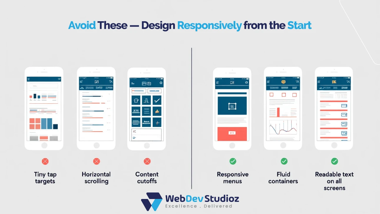 Responsive design best practices – avoid tiny tap targets, horizontal scrolling, and content cutoffs; use responsive menus, fluid containers, and readable text.