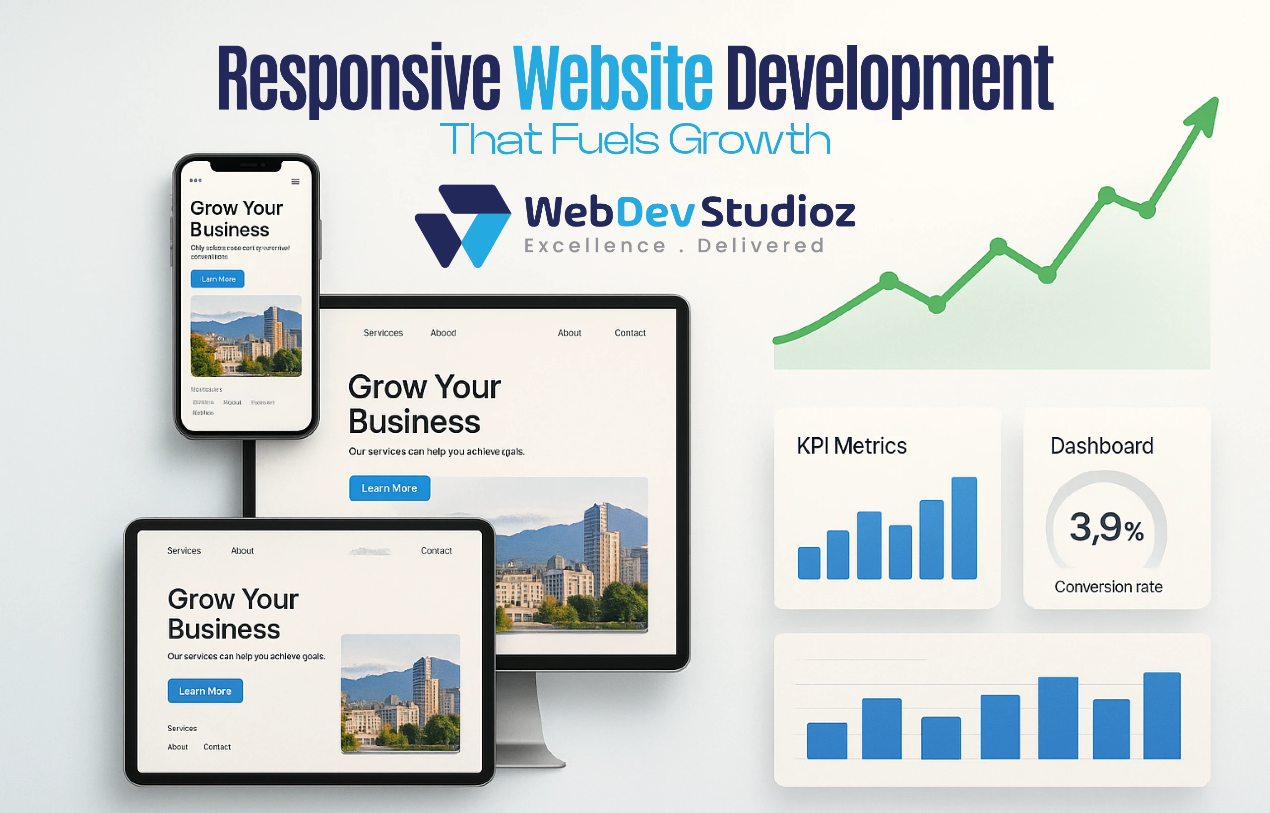 Responsive website development by WebDev Studioz, showing business websites on multiple devices with growth charts, KPI metrics, and conversion dashboard.
