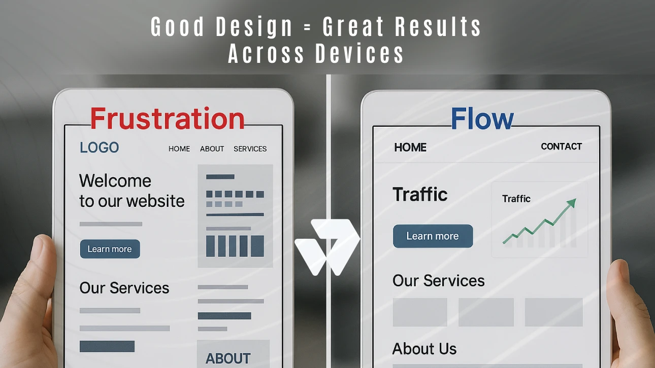 Comparison of bad and good website design on tablets. Left shows ‘Frustration’ with cluttered layout, right shows ‘Flow’ with clean design and rising traffic graph, captioned ‘Good Design = Great Results Across Devices.