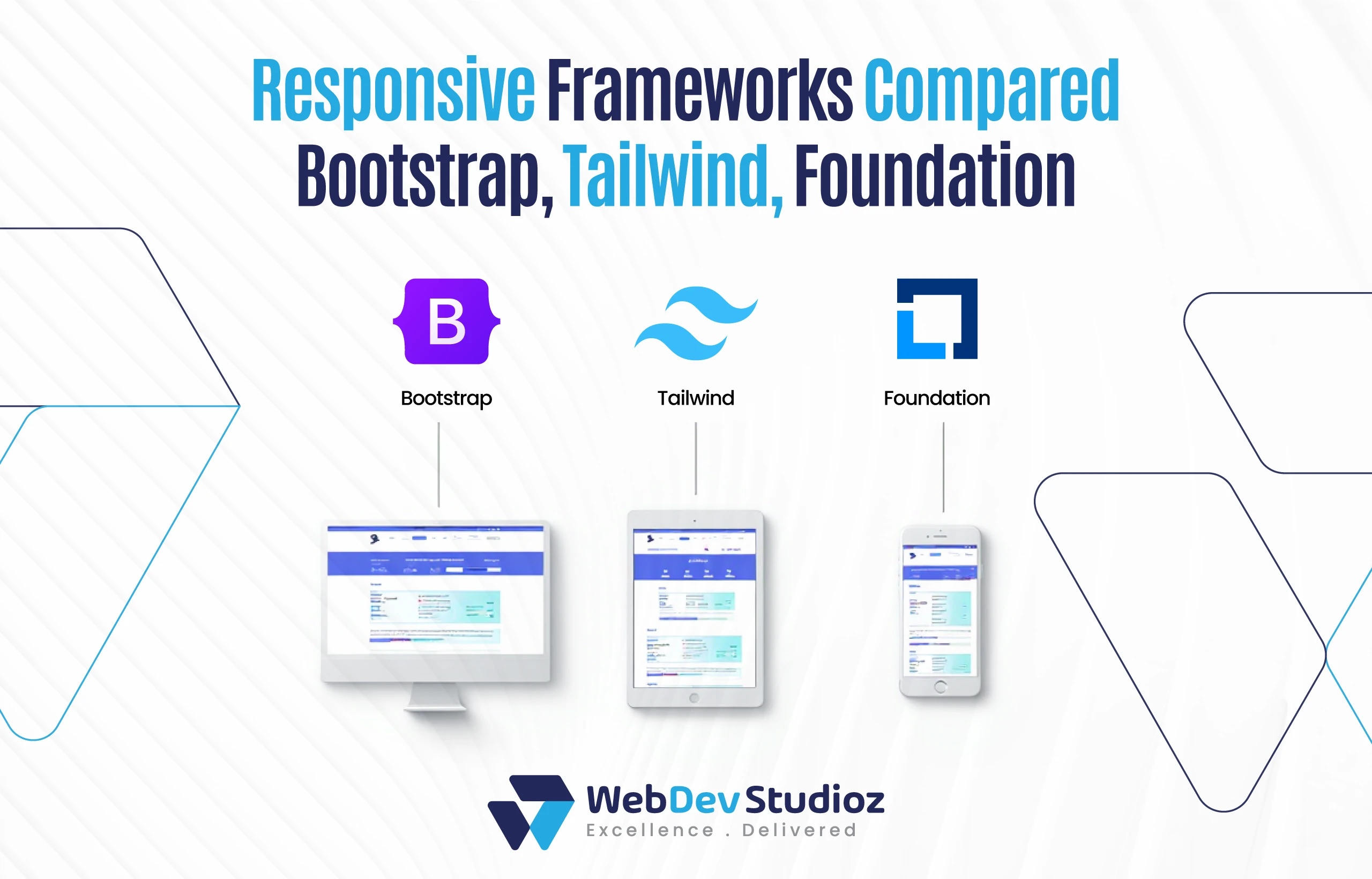 Responsive frameworks compared—Bootstrap, Tailwind, and Foundation—illustrated with device mockups showing web layouts.