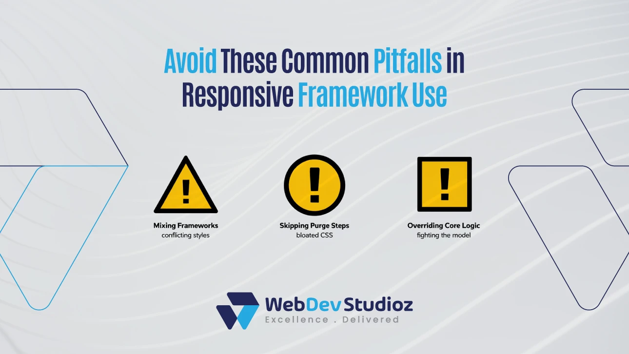 Graphic showing common pitfalls in responsive framework use: mixing frameworks, skipping purge steps, and overriding core logic.