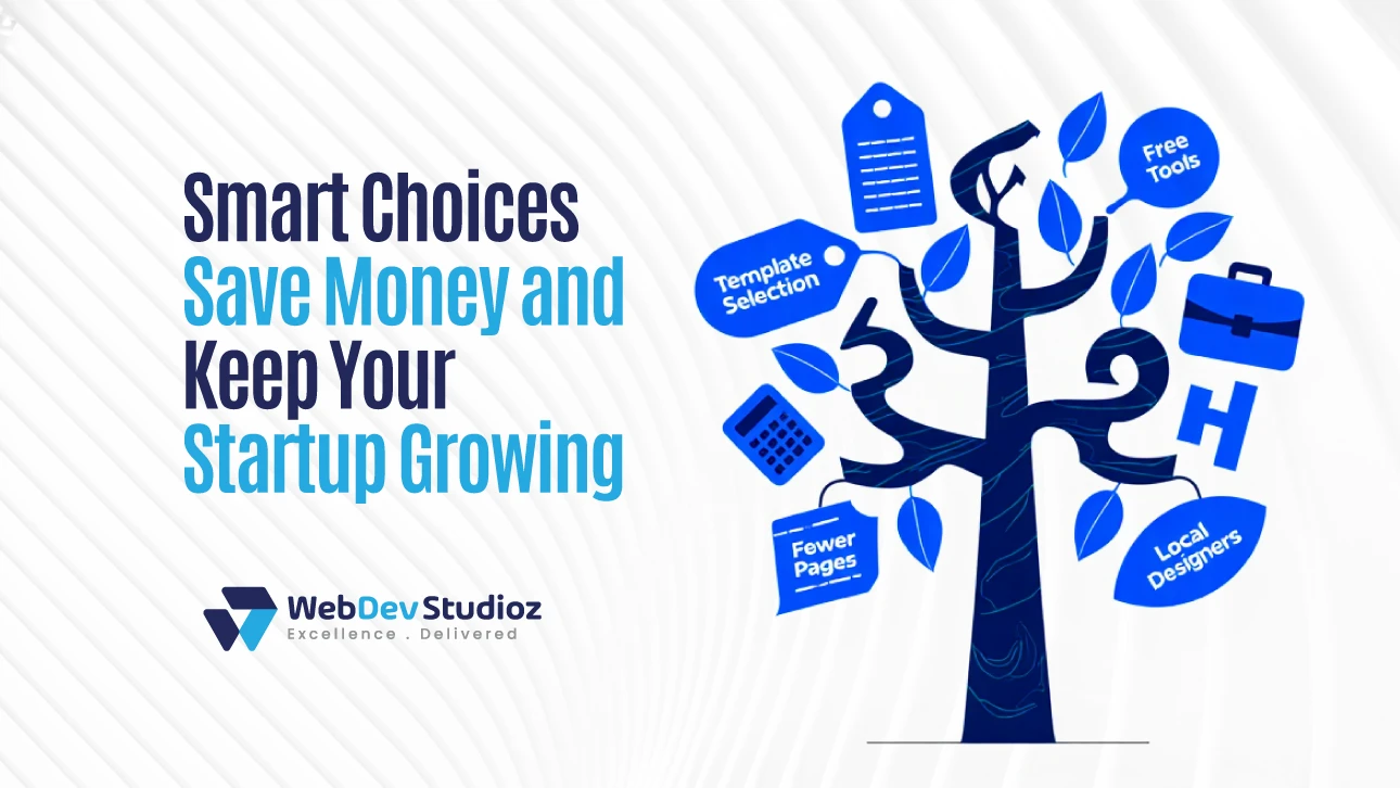 Smart Choices Save Money and Keep Your Startup Growing. Illustration of a tree with icons labeled Template Selection, Free Tools, Fewer Pages, and Local Designers. WebDev Studioz logo at bottom.