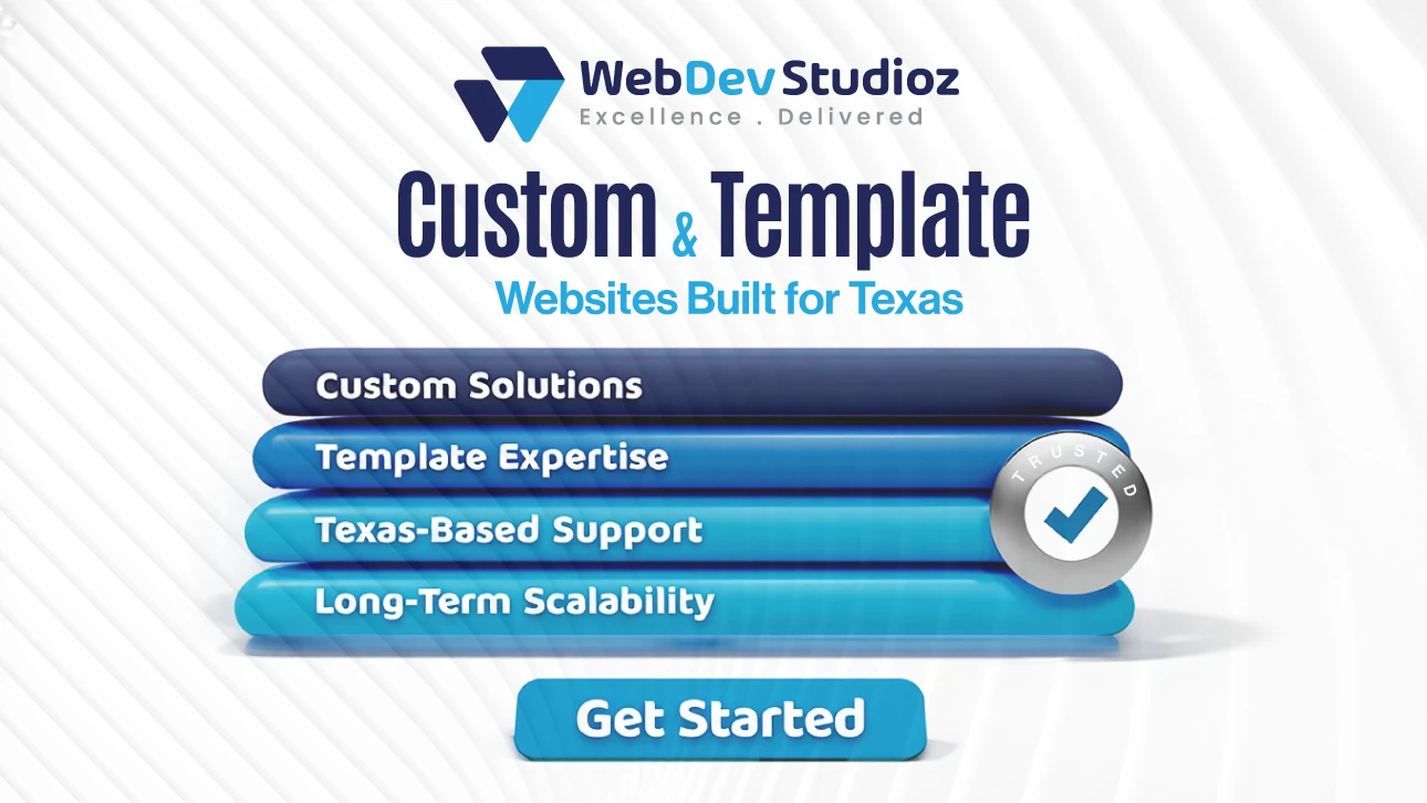 Web Dev Studioz promotional banner highlighting custom and template website solutions for Texas businesses, featuring custom solutions, template expertise, Texas-based support, and long-term scalability with a Get Started button.