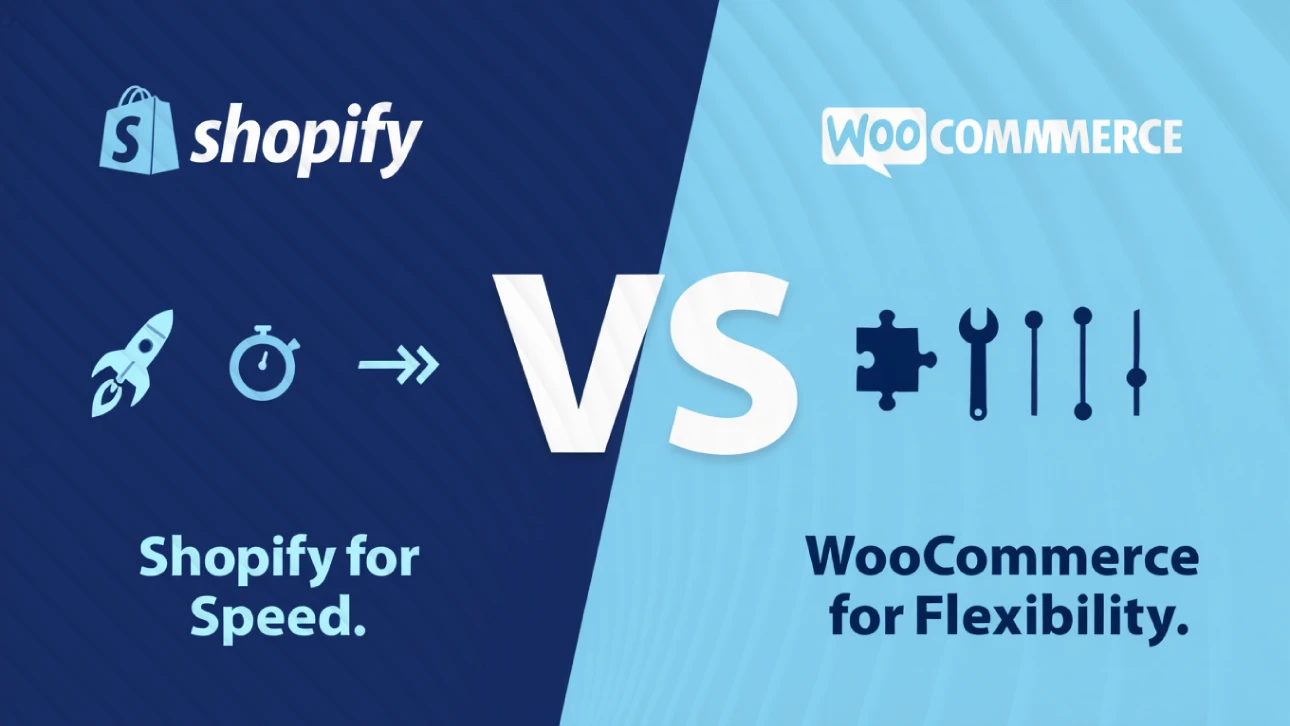 Comparison graphic showing Shopify for speed versus WooCommerce for flexibility.