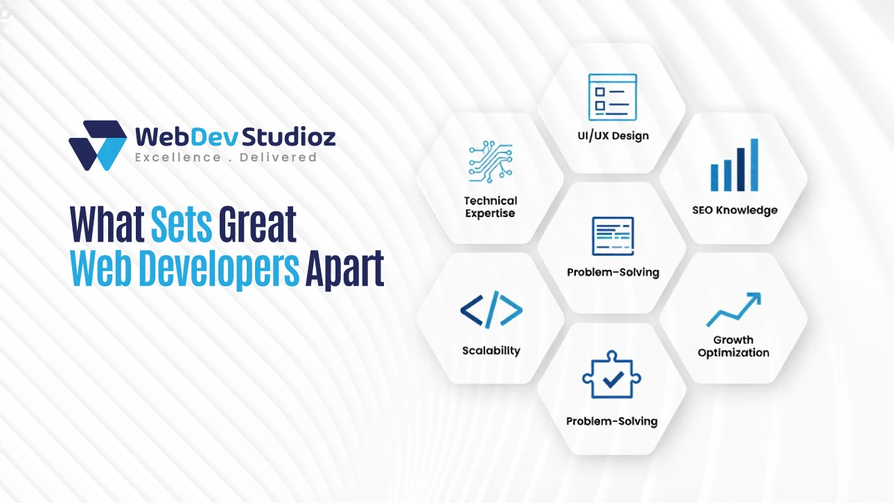 Key qualities of great web developers – technical expertise, UI/UX design, SEO knowledge, scalability, problem-solving, and growth optimization – by WebDev Studioz.