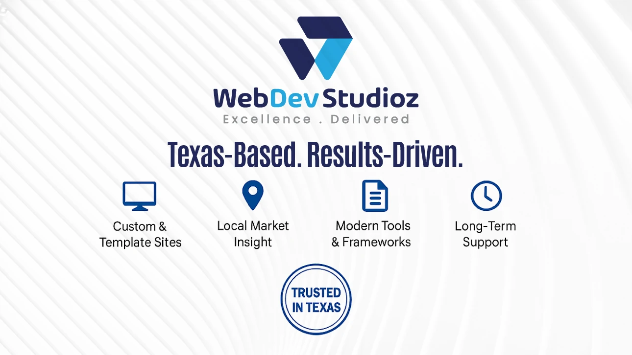 Texas-based web development by WebDev Studioz highlighting custom and template sites, local market insight, modern tools, frameworks, and long-term support.