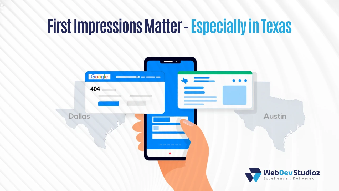 Illustration showing a hand holding a smartphone with website screens and a Google “404” error page over a Texas map. The text reads “First Impressions Matter – Especially in Texas.” The image highlights the importance of professional web design for Texas businesses, featuring the Web Dev Studioz logo in the corner.