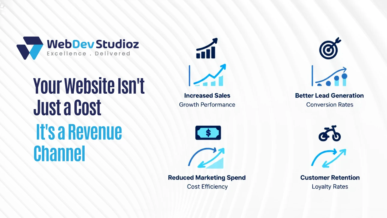 Graphic with text “Your Website Isn’t Just a Cost, It’s a Revenue Channel” showing icons for increased sales, better lead generation, reduced marketing spend, and customer retention.