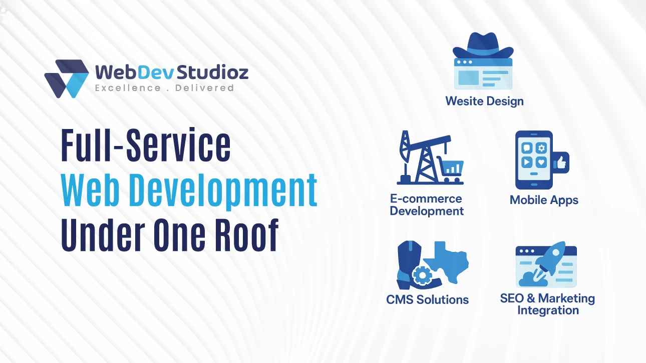 WebDev Studioz graphic promoting full-service web development under one roof, highlighting services: Website Design, E-commerce Development, Mobile Apps, CMS Solutions, and SEO & Marketing Integration.