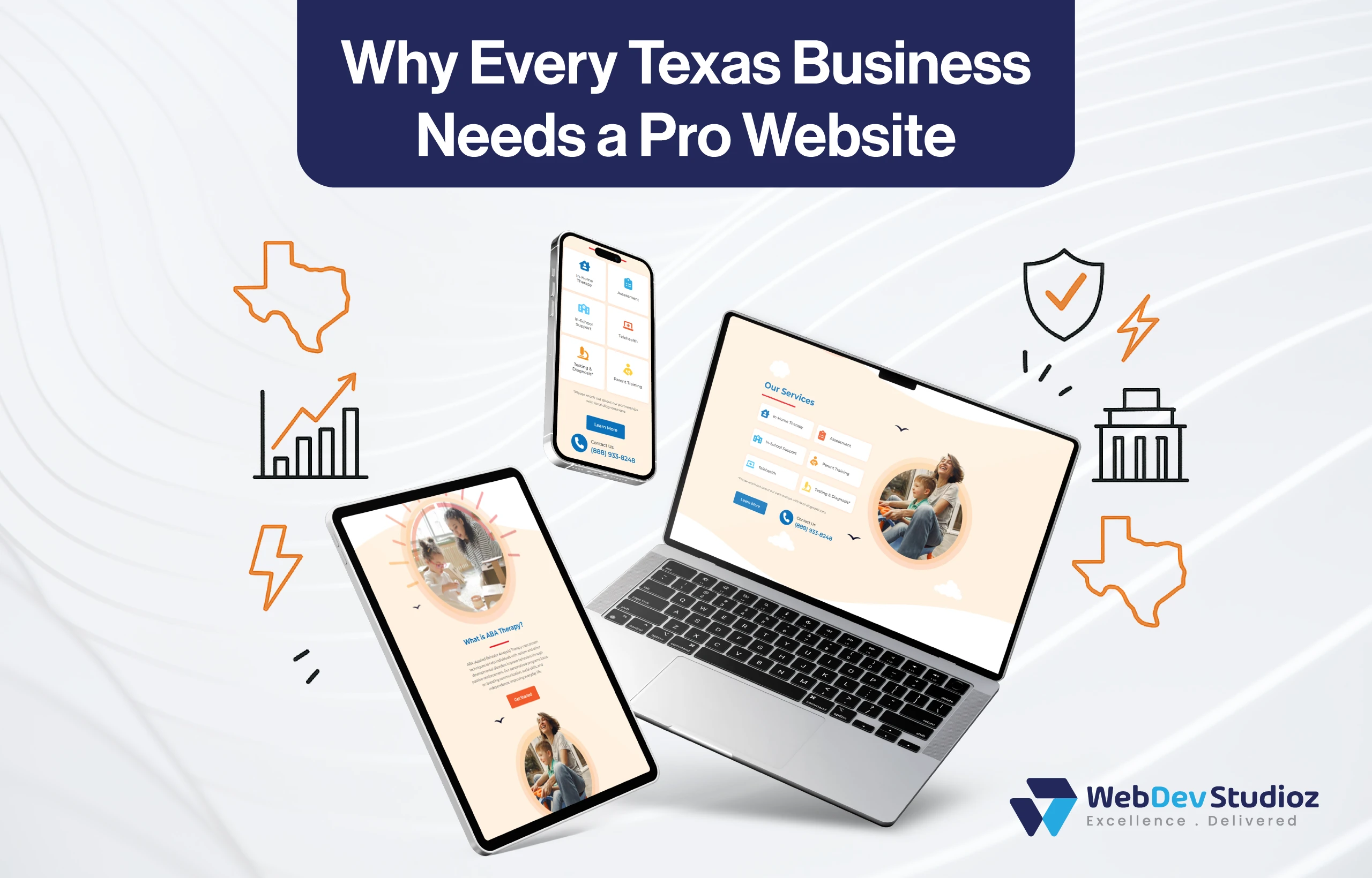 Visual showing laptop, tablet, and phone with website designs, emphasizing why every Texas business needs a professional website, with WebDev Studioz branding.