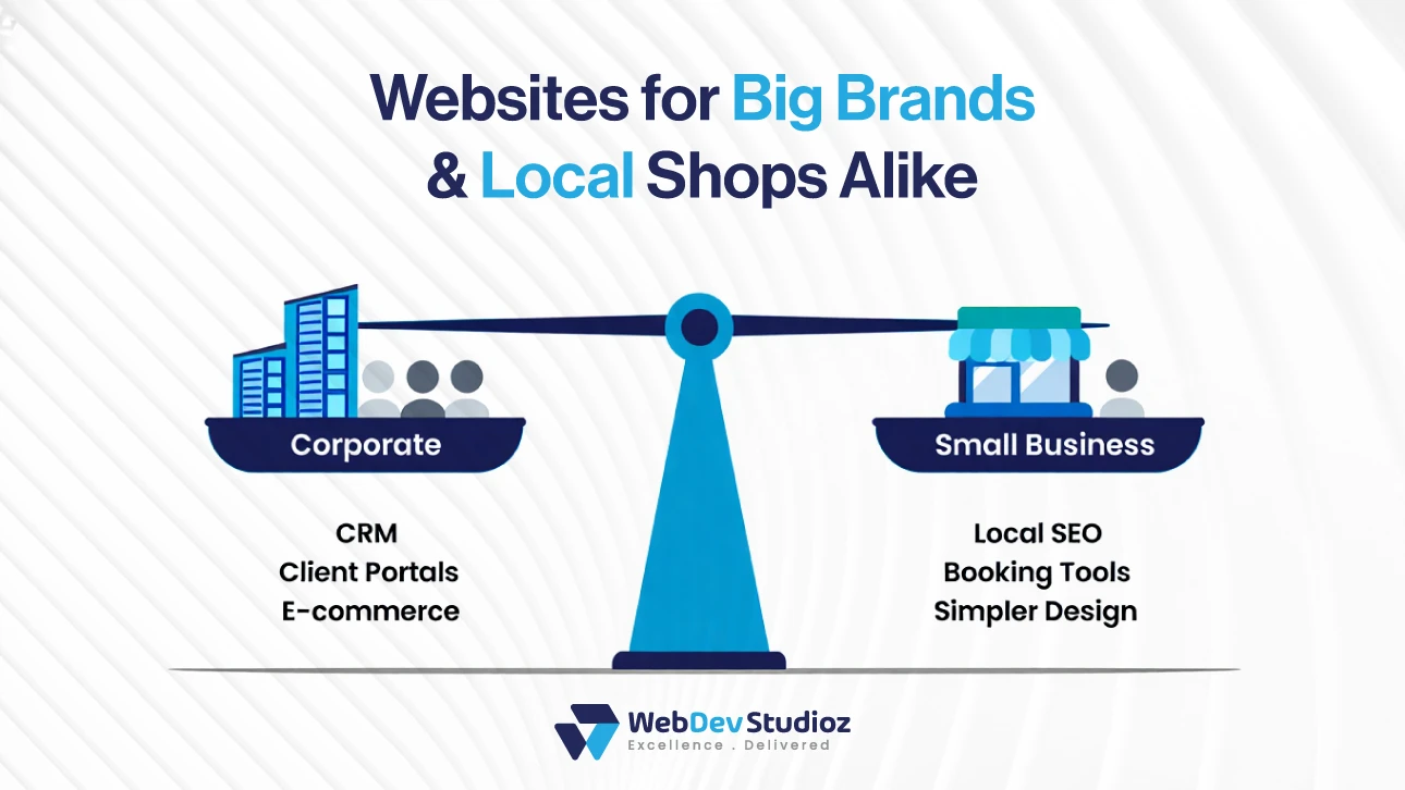 Graphic comparing corporate and small business websites with features like CRM, e-commerce, and local SEO.