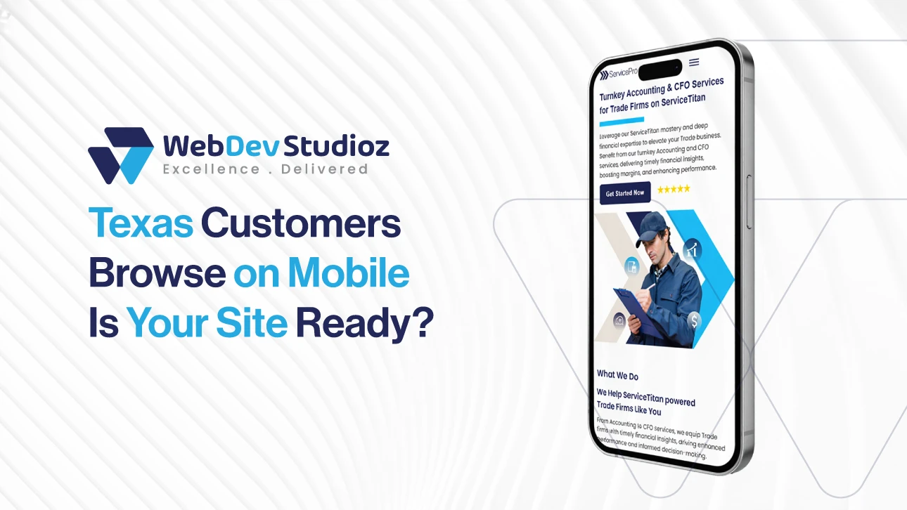 Graphic showing a smartphone and text asking if Texas businesses have mobile-ready websites, with WebDev Studioz branding.