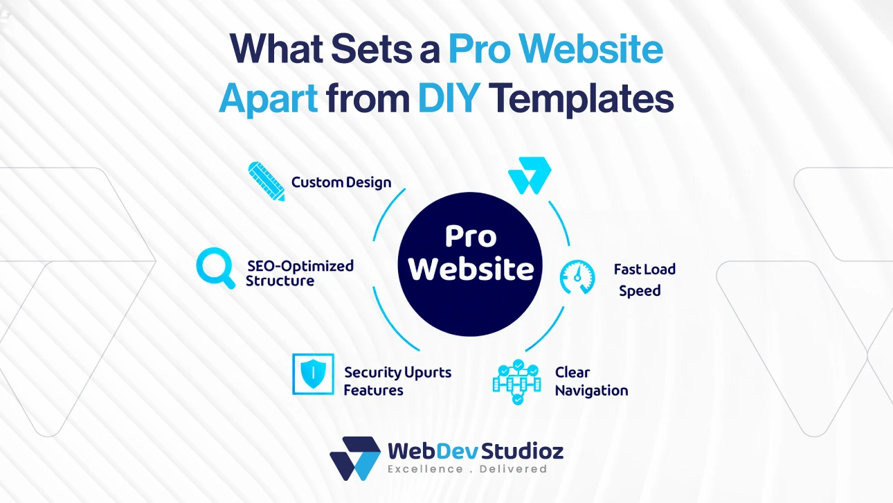 Infographic showing what sets a professional website apart from DIY templates, highlighting custom design, SEO structure, fast load speed, clear navigation, and security features.