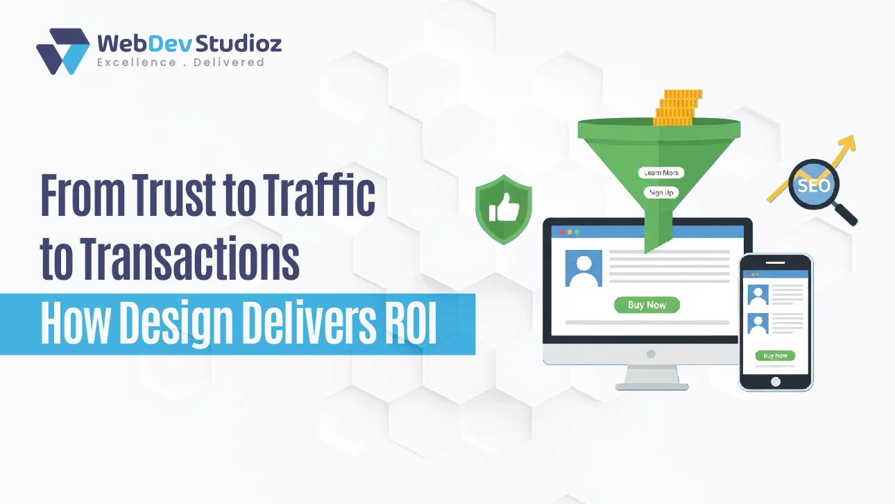 A marketing graphic from WebDev Studioz with the slogan ‘From Trust to Traffic to Transactions – How Design Delivers ROI.’ On the right, a computer and smartphone screen show a ‘Buy Now’ button, while a green funnel above them channels coins downward through steps labeled ‘Learn More’ and ‘Sign Up.’ A magnifying glass with ‘SEO’ and a green shield with a thumbs-up icon represent optimization and trust.