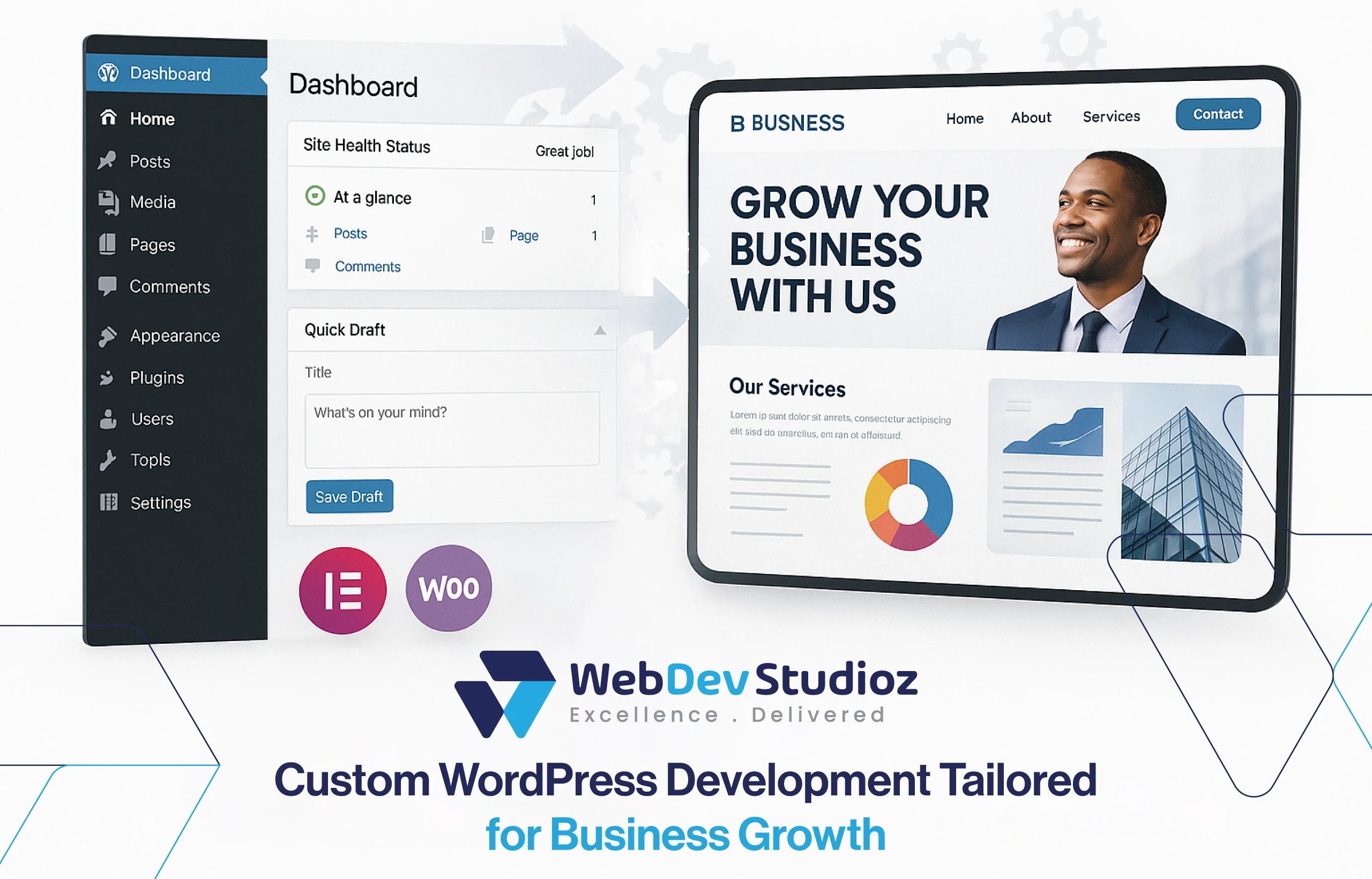 Web Dev Studioz custom WordPress development tailored for business growth with Elementor, WooCommerce, and user-friendly dashboards