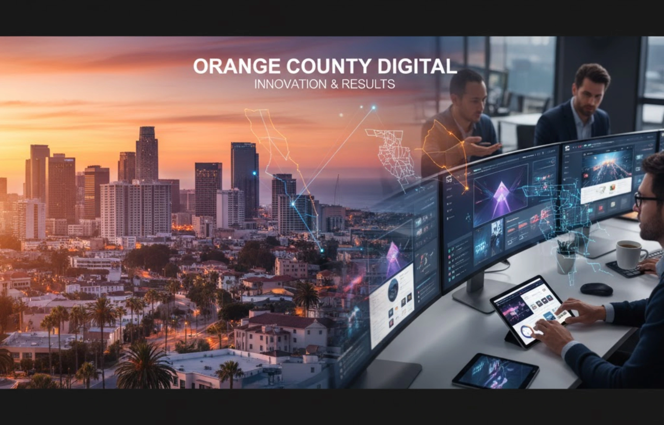 Orange County digital agency team analyzing data and web performance dashboards with a city skyline at sunset, representing innovation and results.