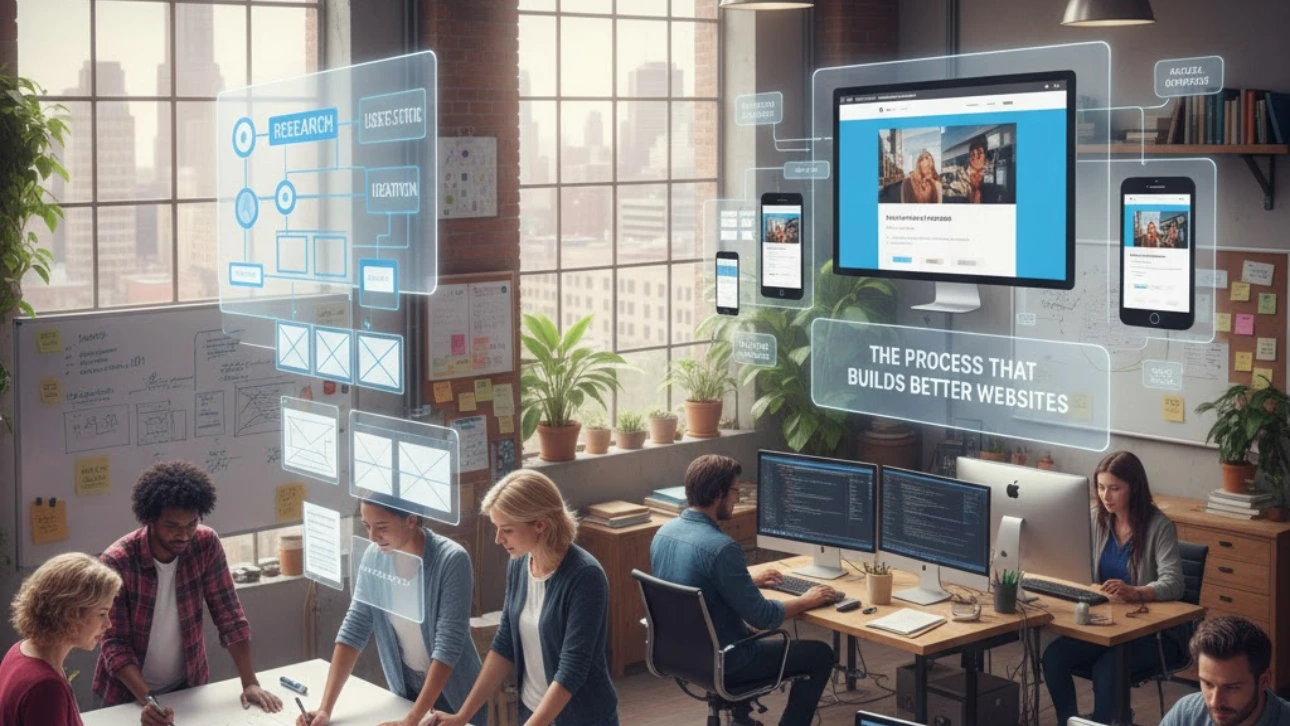 Web development team collaborating in a modern Orange County office, planning website structure and UX design with digital wireframes and responsive layouts displayed on transparent screens.