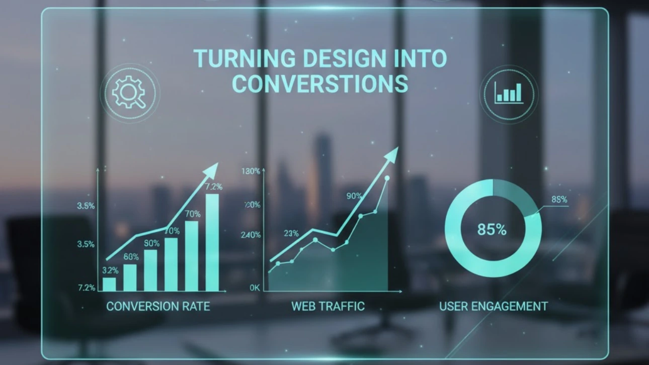 Digital dashboard showing charts of conversion rate, web traffic, and user engagement with the text ‘Turning design into conversions.