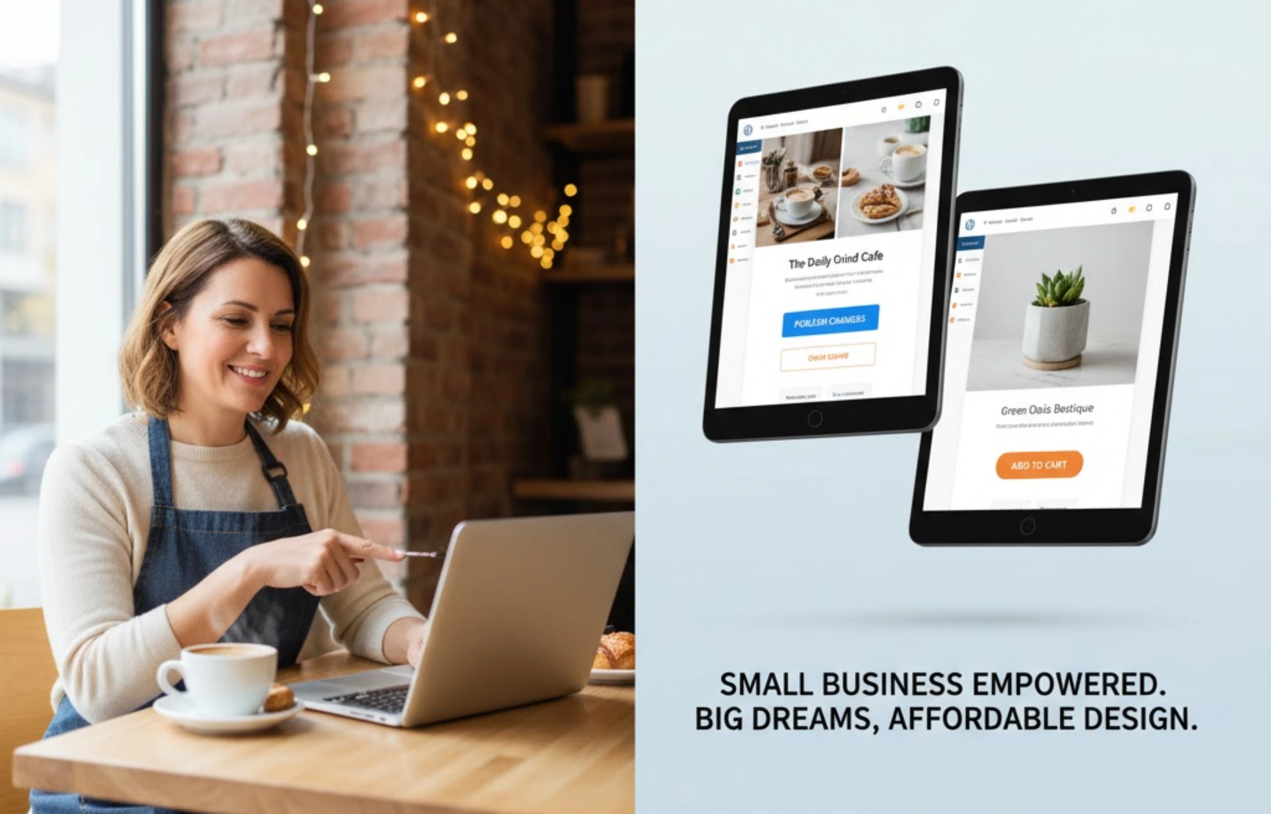 Small business owner working on a laptop with affordable website designs displayed on tablets, representing Web Dev Studioz empowering local businesses.