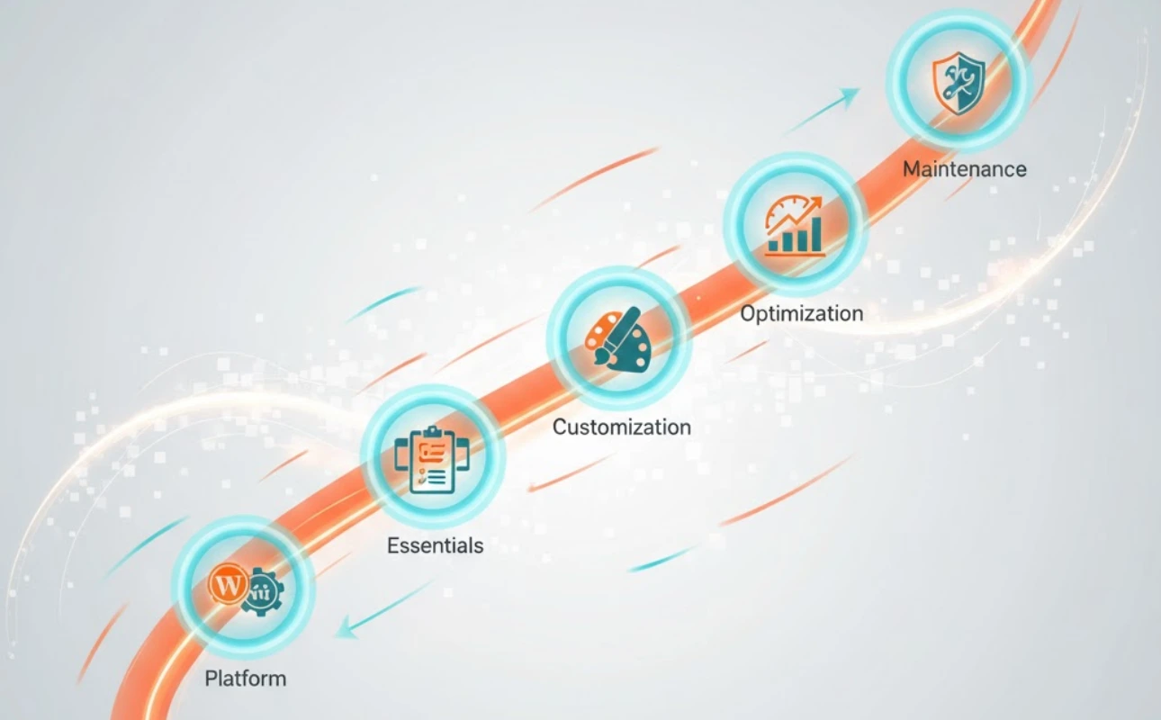 Website development process showing stages from platform setup and essentials to customization, optimization, and maintenance.