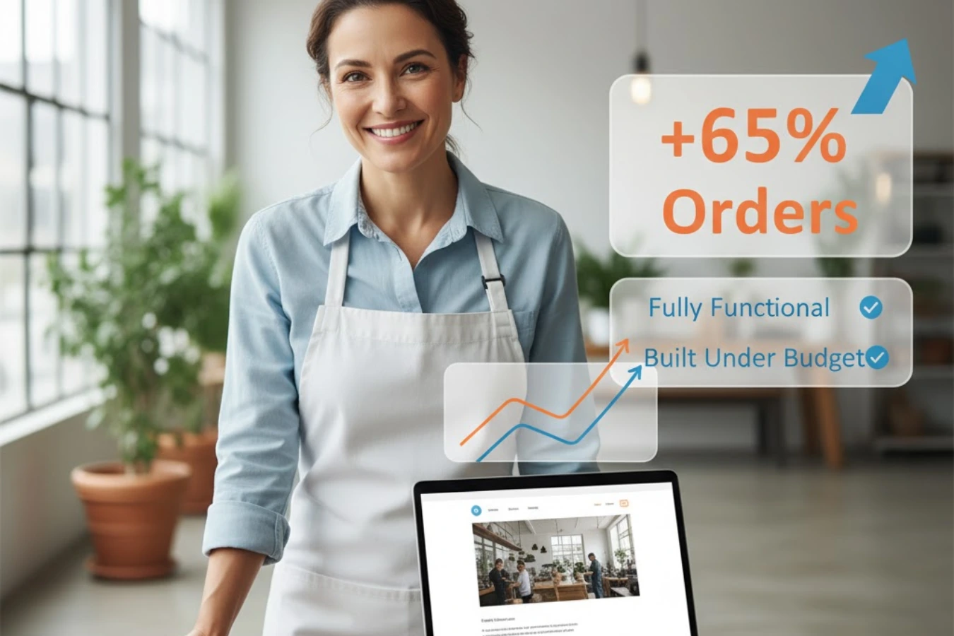 Small business owner smiling in a café after website redesign by Maxobiz increased orders by 65%, showing growth and budget-friendly results.