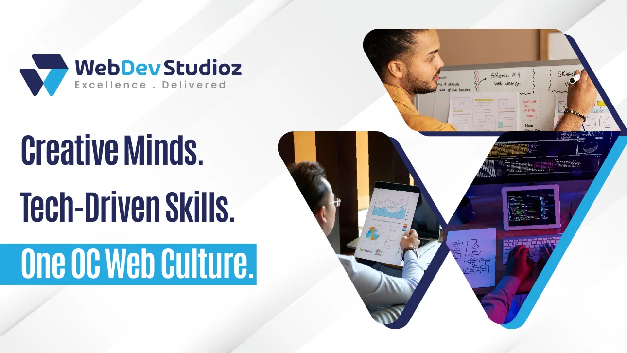 WebDev Studioz banner with the tagline ‘Creative Minds. Tech-Driven Skills. One OC Web Culture.’ Includes three triangular photos: a designer sketching wireframes on a whiteboard, a professional analyzing charts on a tablet, and a developer coding on a computer. The WebDev Studioz logo appears at the top left.