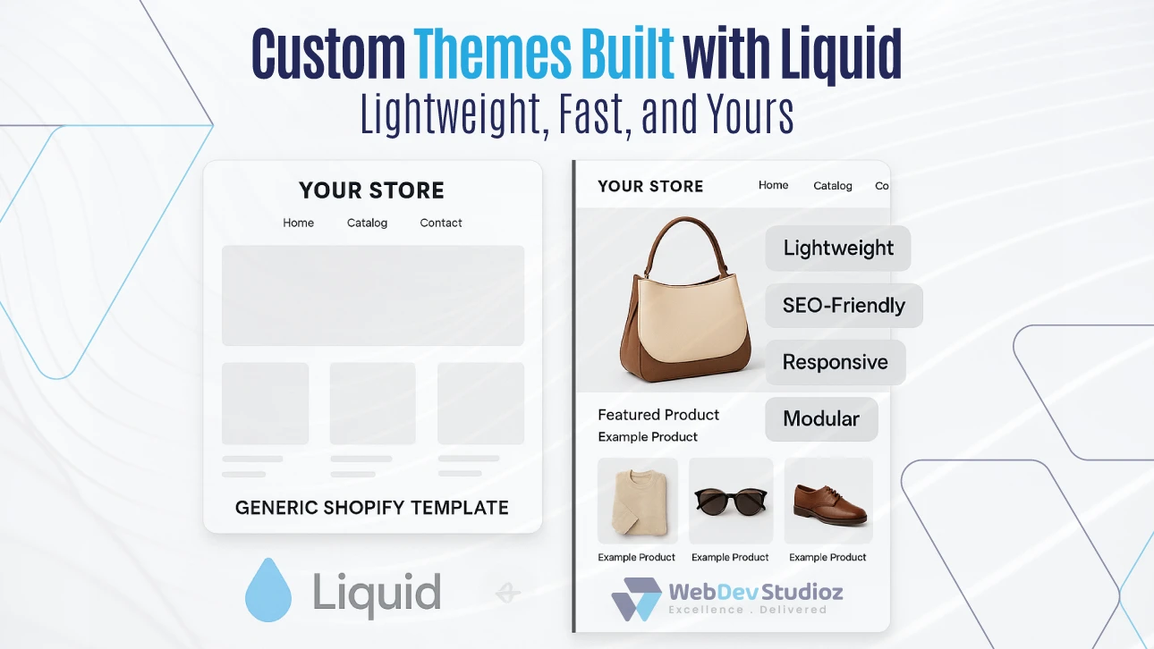 Custom Shopify themes built with Liquid by Web Dev Studioz. Lightweight, SEO-friendly, responsive, and modular store design.