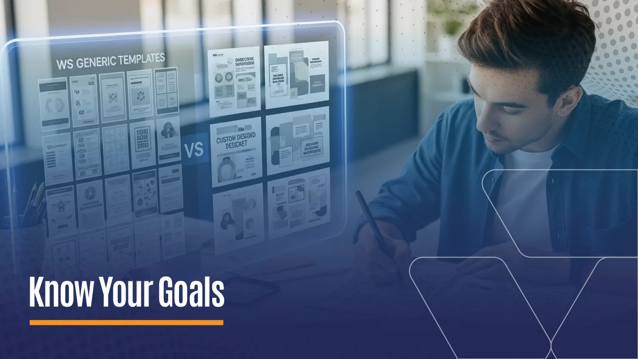 Designer planning website layout while comparing generic templates versus custom designs under the heading Know Your Goals.