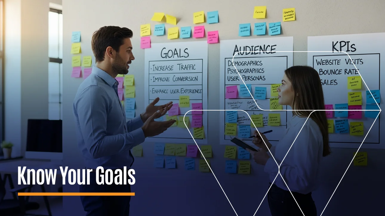 Two colleagues discussing marketing strategy in front of a wall covered with sticky notes and charts labeled Goals, Audience, and KPIs; one holding a tablet while the other gestures during the conversation.