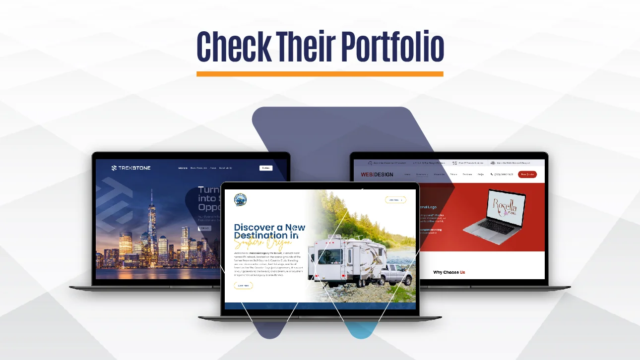 Three laptop screens displaying different website designs under the heading ‘Check Their Portfolio,’ showcasing examples of web design work.