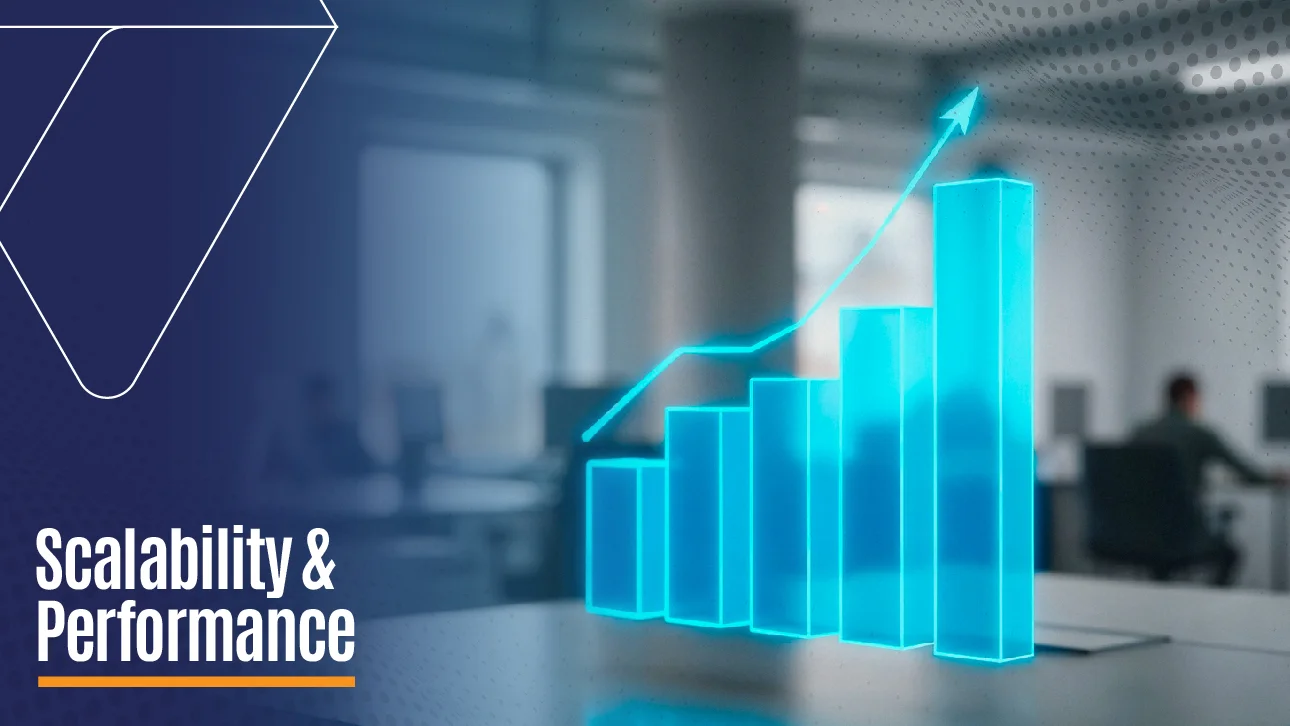 3D bar chart with upward arrow symbolizing scalability and performance in a modern office setting.