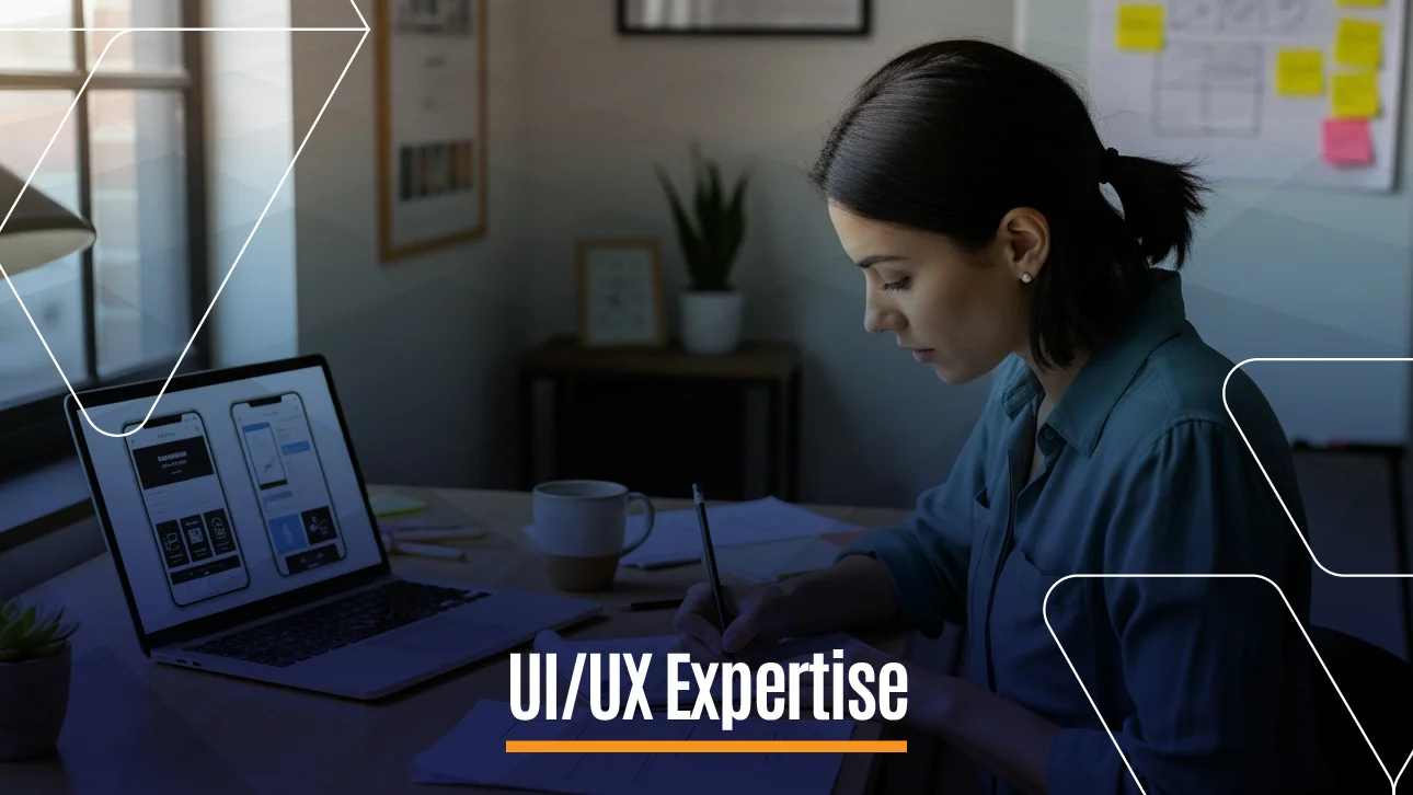 Woman working at a desk on UI/UX design sketches with a laptop showing mobile app wireframes, under the heading ‘UI/UX Expertise.