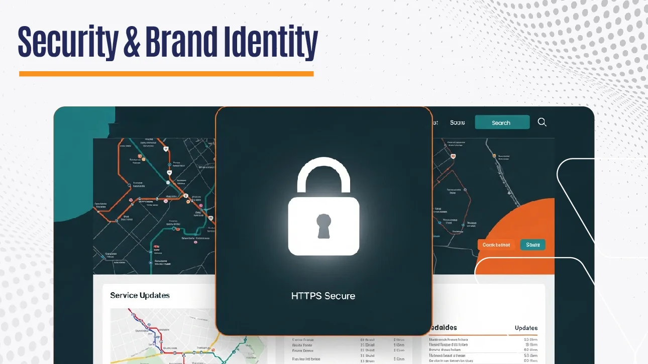 HTTPS secure padlock icon representing website security and brand identity over digital interface background.
