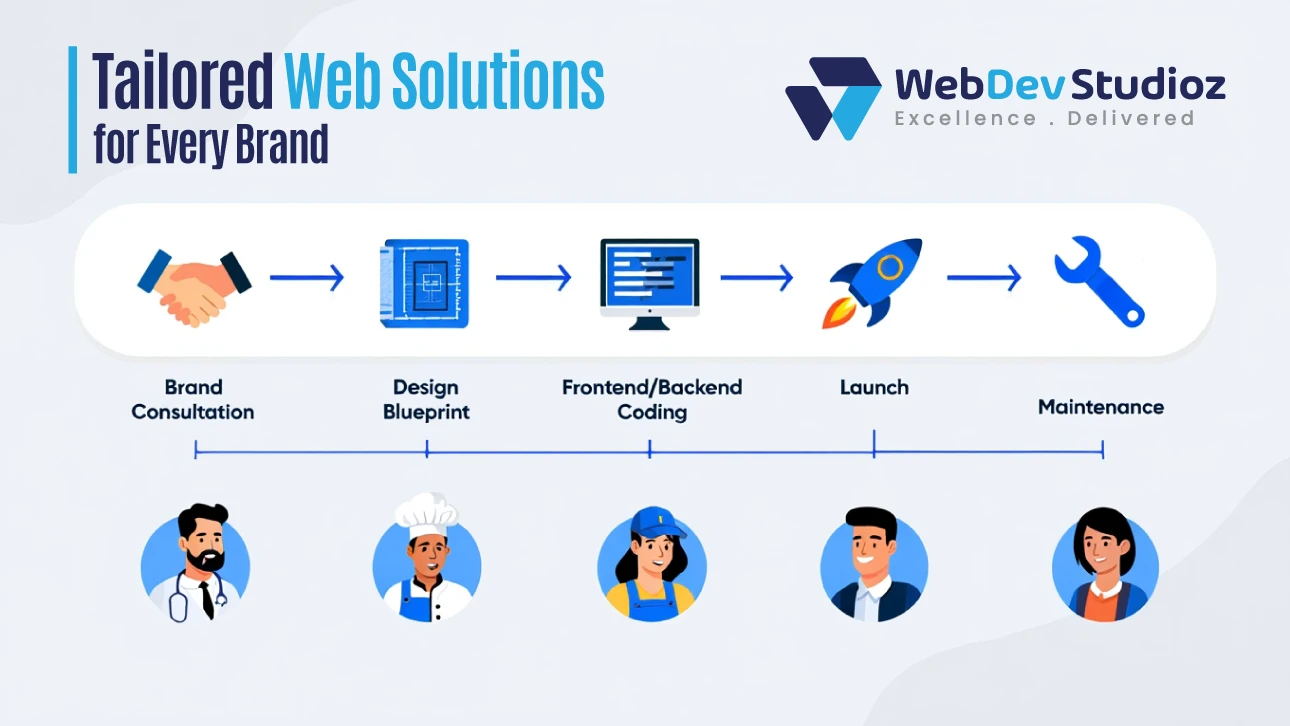 Web Dev Studioz tailored web solutions process—brand consultation, design blueprint, frontend and backend coding, launch, and maintenance.