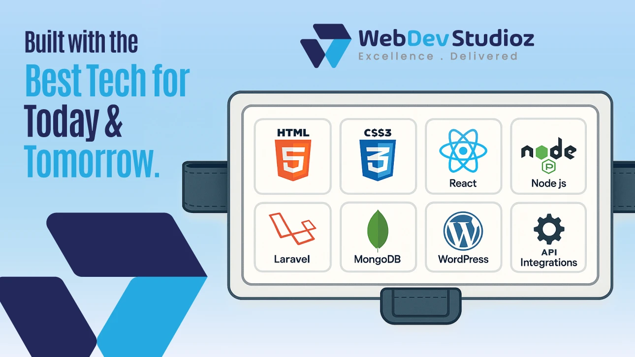 Web Dev Studioz uses modern web technologies including HTML5, CSS3, React, Node.js, Laravel, MongoDB, WordPress, and API integrations.