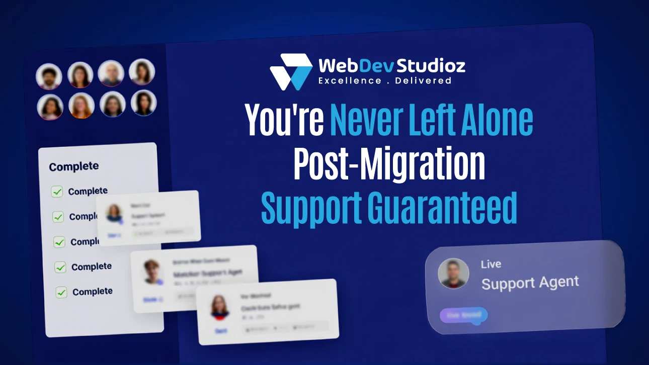 Web Dev Studioz guarantees post-migration support with live agents and ongoing assistance after Webflow migration.