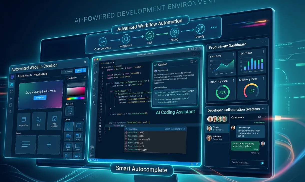AI-powered web development dashboard displaying smart autocomplete, coding assistant, workflow automation, productivity analytics, and collaborative developer tools on a futuristic digital interface.