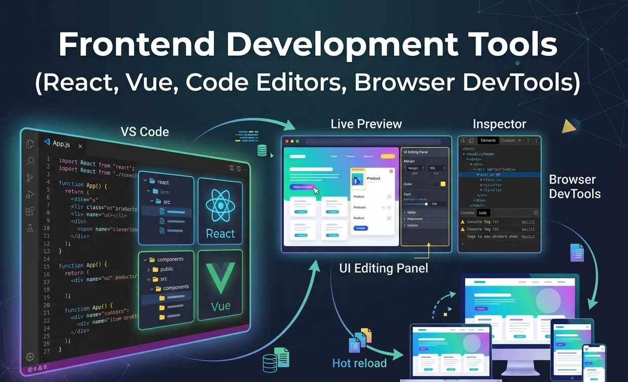 Frontend development tools illustration featuring React, Vue, VS Code, live browser preview, UI editing panel, and Browser DevTools workflow for responsive web development.