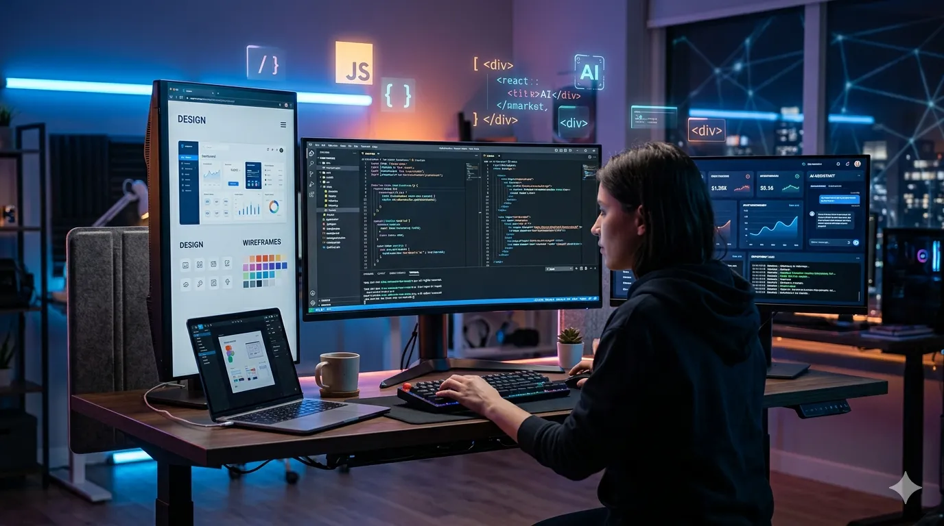Developer working on multiple monitors with coding interfaces, UI design dashboards, and AI-powered web development tools in a modern futuristic workspace.